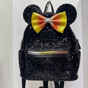 Disney Parks Loungefly Halloween Minnie Mouse Sequin Backpack Candy Corn Bow